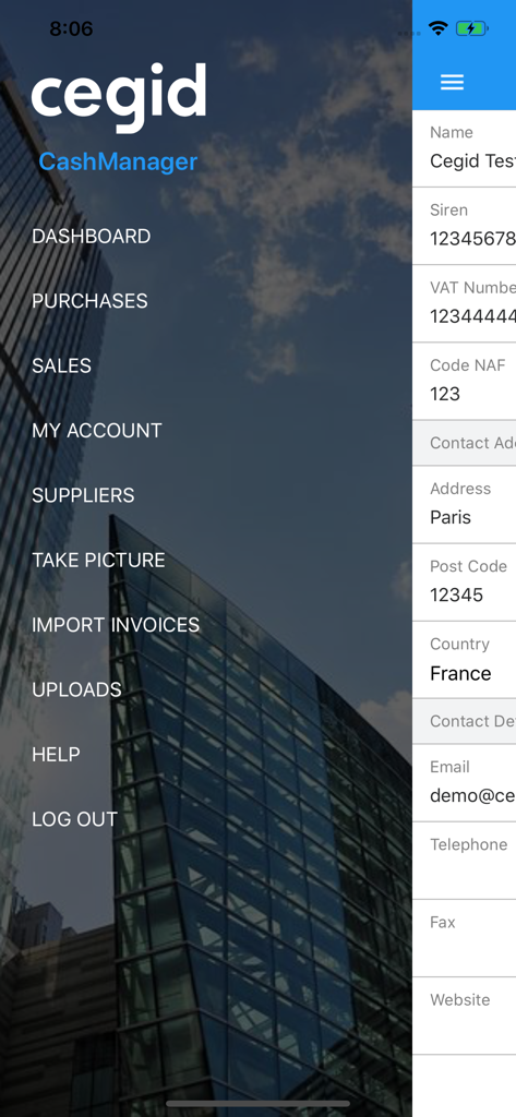 Cash Manager - Menu de navigation latéral de l'application mobile Cegid Cash Manager indiquant les fonctionnalités de l'entreprise telles que Tableau de Bord, Achats et Prendre une Photo.