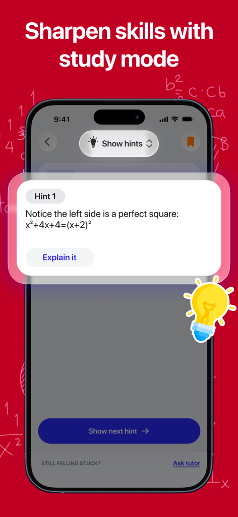 MathGPT Math Solver & Homework - MathGPT app interface showing a hint for solving a math equation in study mode