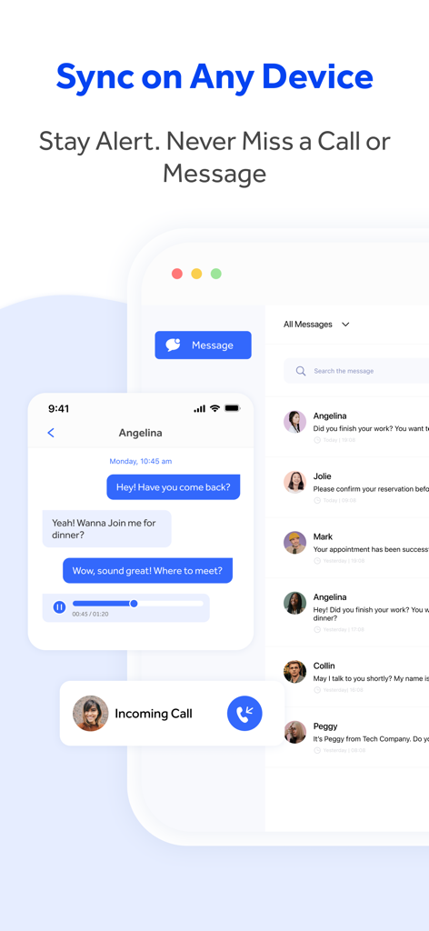 WePhone: 2nd Phone &WiFi Calls - WePhone app interface displaying synchronized messaging and incoming calls across mobile and desktop devices