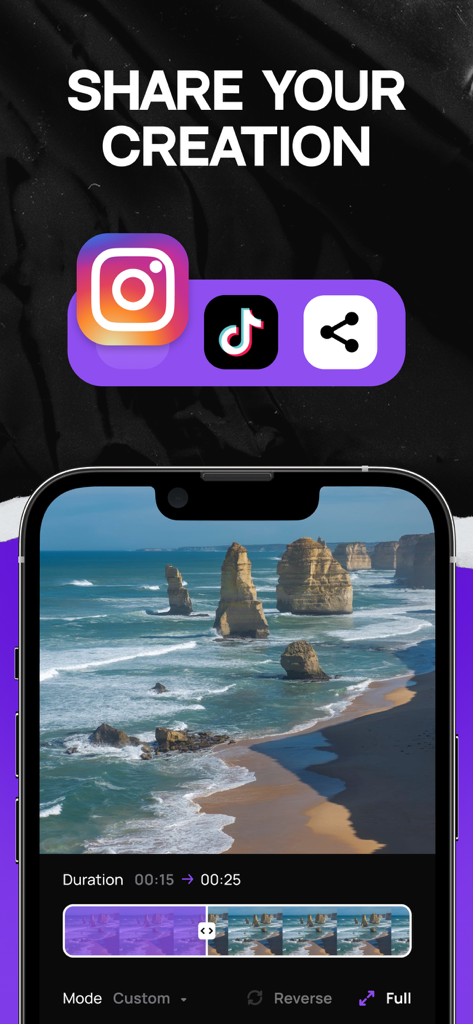 Mobile screen showing video editing timeline and share icons for Instagram and TikTok