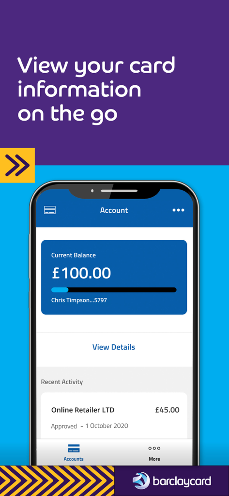 Barclaycard for Business - La aplicación Barclaycard for Business mostrando el saldo de la tarjeta y la actividad reciente en un smartphone