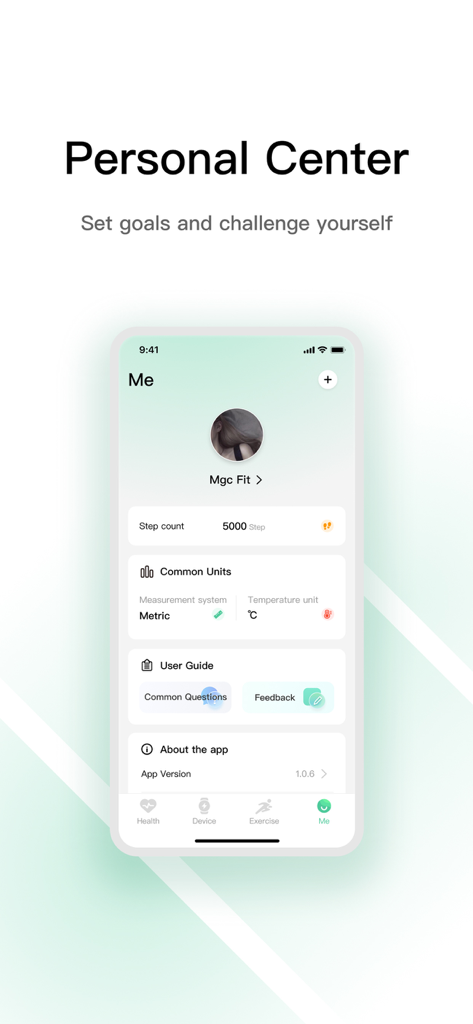 Mgc Fit app personal center screen showing step count goals and user profile settings.
