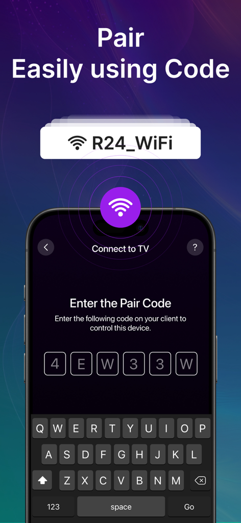Universal Remote: All Smart TV - Mobile app interface showing the enter pair code screen to connect a smartphone to a smart TV over WiFi.
