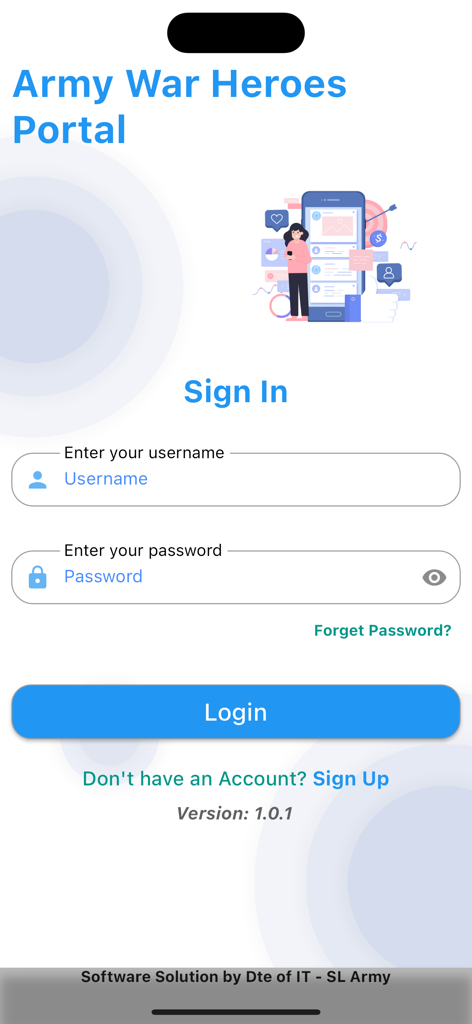War Heroes e Portal - Login screen of the Army War Heroes Portal app featuring username and password input fields and a sign in button