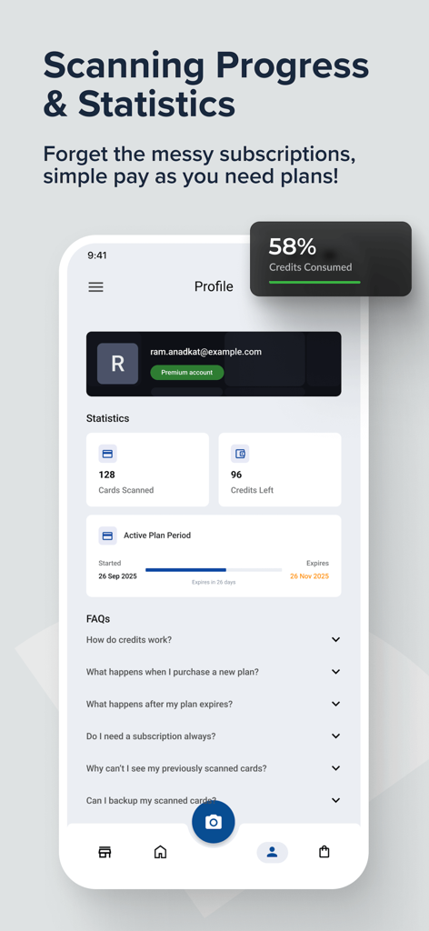 Vista de perfil del Escáner de Tarjetas de Presentación con IA que muestra estadísticas de escaneo y uso de créditos