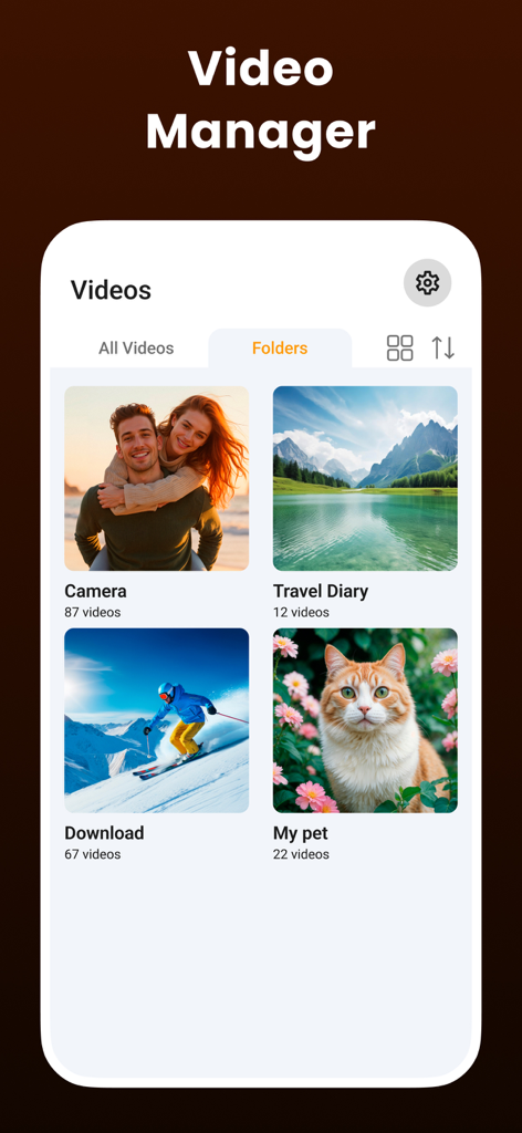 Video Player - All Formats - A mobile app screen showing a video manager with organized folders for Camera, Travel Diary, Download, and My Pet.