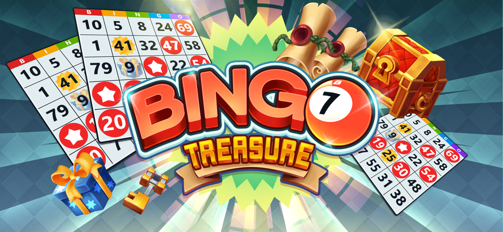 Bingo Treasure! - BINGO GAMES - Bingo Treasure game logo with bingo cards and a treasure chest