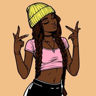 realistic teenage girl with braids and a beanie and crop top doing 🫶🏼