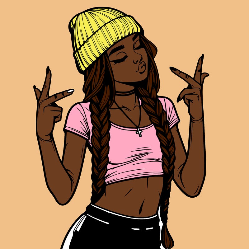 realistic teenage girl with braids and a beanie and crop top doing 🫶🏼