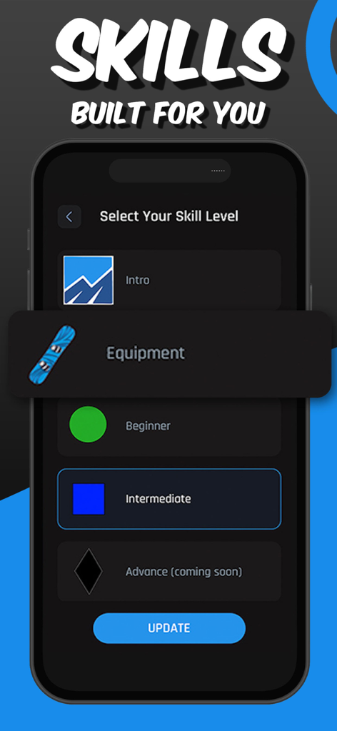 PocketCoach Snowboard - Smartphone screen showing skill level selection for PocketCoach Snowboard app including beginner and intermediate levels