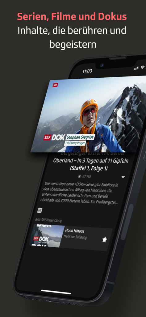 Screenshot dell'app Play SRF che mostra un documentario sull'alpinismo su uno smartphone