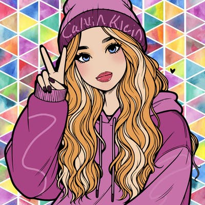 a teenage girl in a beanie, oversized sweatshirt, wavy long hair, and is showing a ✌️