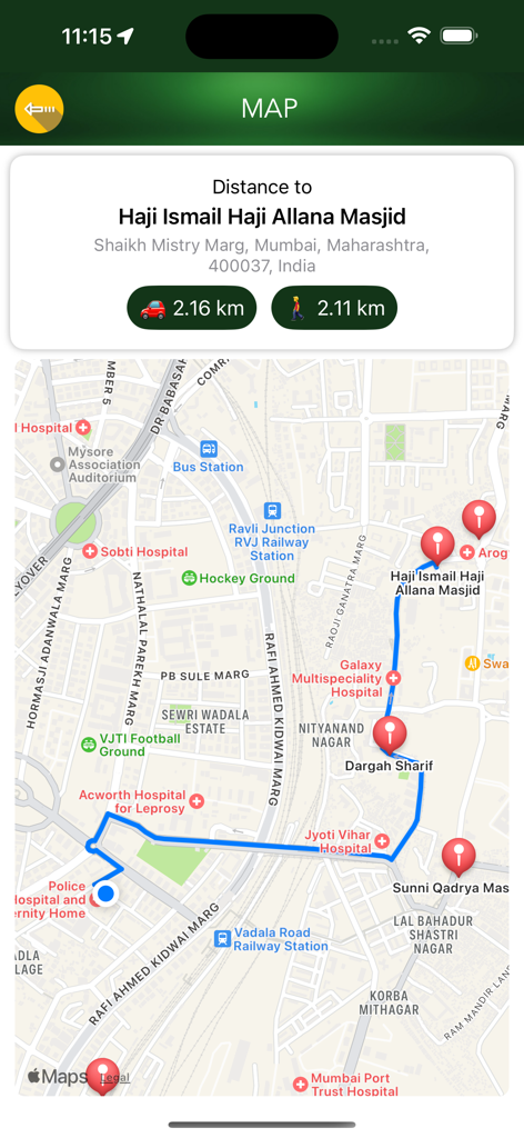 Kartenoberfläche der mobilen App, die Wegbeschreibungen und die Entfernung zur Haji Ismail Haji Allana Masjid anzeigt.