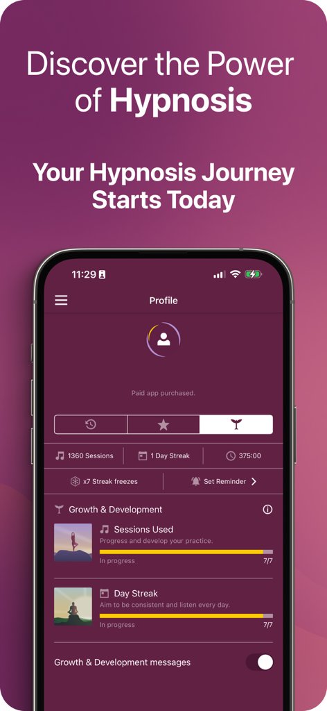 Harmony Self Hypnosis - Profile dashboard in the Harmony Self Hypnosis app showing user statistics and growth progress bars