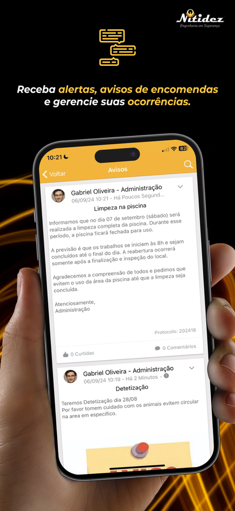 Tela de smartphone mostrando o quadro de avisos da comunidade do aplicativo Nitidez com anúncios para moradores.