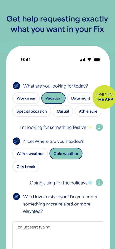 Stitch Fix - Personal Styling - A mobile app interface showing a conversation with a Stitch Fix stylist to customize a clothing selection for a holiday ski trip.