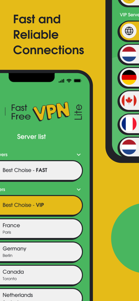 VPN Lite server list showing fast and reliable connection options in various global locations