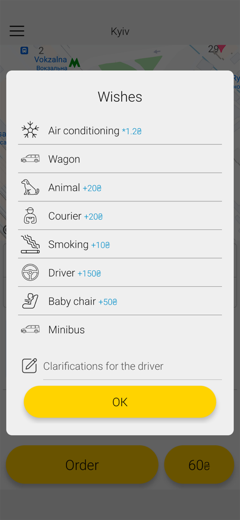 Taxi 9192 app screen showing a wishes menu with additional service options like air conditioning animal transport and baby chair