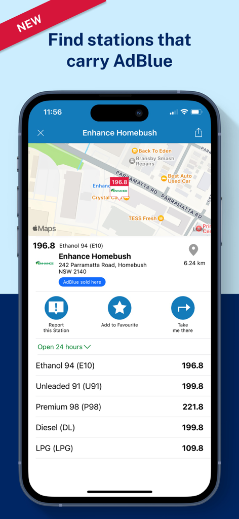 NSW FuelCheck - NSW FuelCheck 앱 화면에 주유소의 유가 정보 및 AdBlue 이용 가능 여부가 표시됨