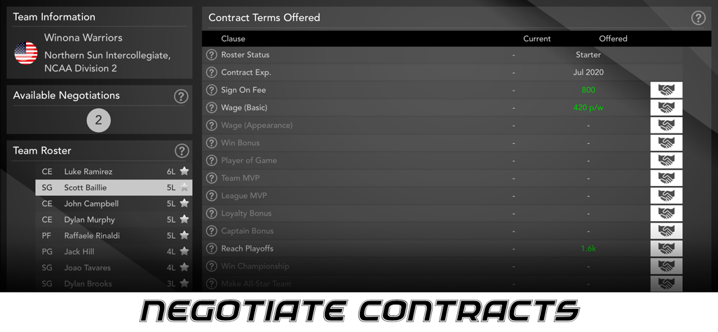 급여 및 보너스 조건을 보여주는 농구 슈퍼스타의 계약 협상 화면