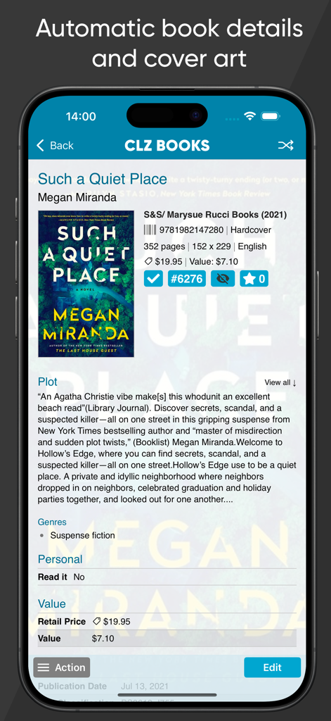 Smartphone screen of CLZ Books app showing detailed book information including cover art plot summary and collection value tracking