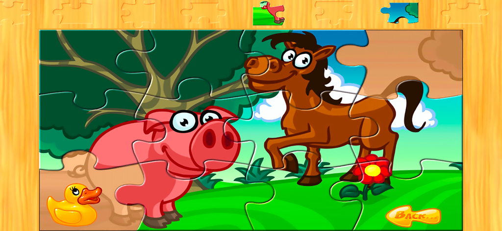Animal Farm Jigsaw Puzzles - Un puzzle digital colorido para niños con un cerdo y un caballo de dibujos animados en una granja