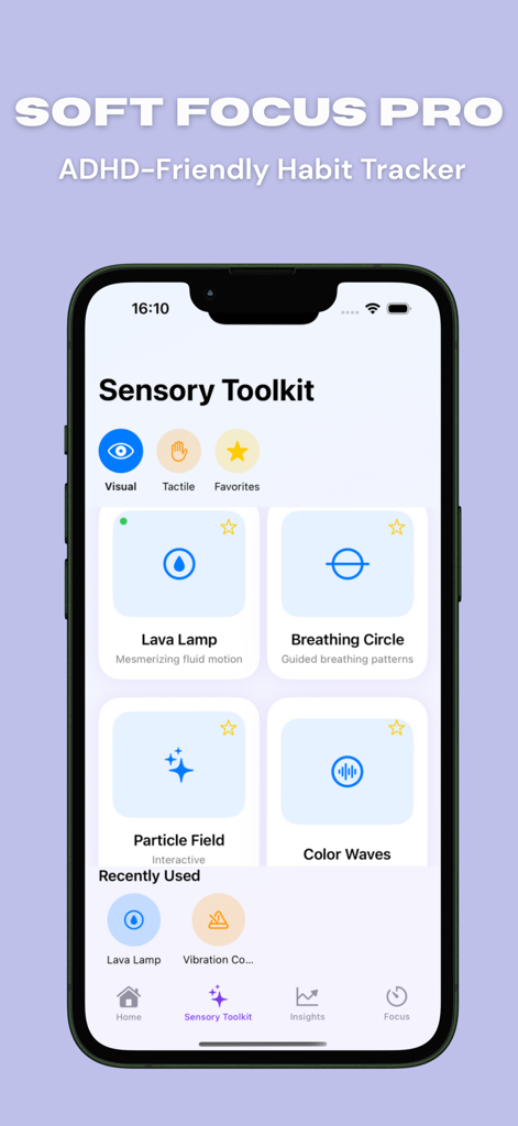 Schermata dello smartphone dell'app Soft Focus Pro che mostra il Toolkit Multisensoriale con funzioni rilassanti come Lava Lamp e Cerchio di Respirazione per l'ADHD.