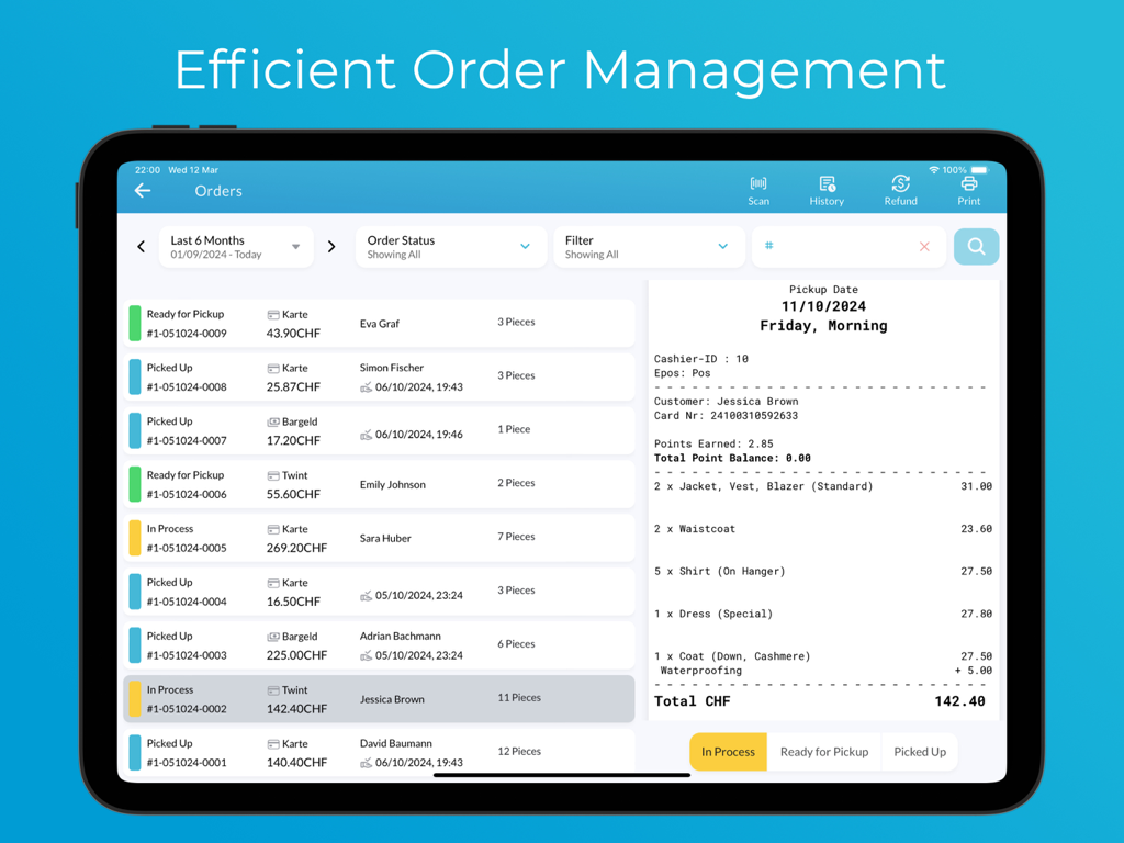 Panel de gestión de pedidos de Lagutta POS en un iPad mostrando pedidos de tintorería y recibos digitales