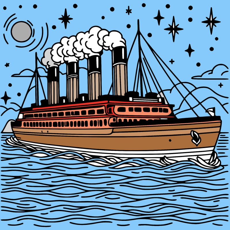 a beautiful titanic that’s going across the beautiful water and the nice night sky