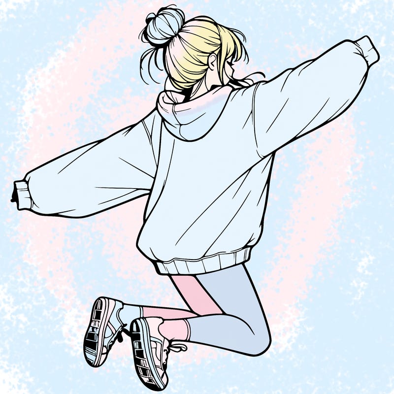 realistic girl jumping with a bun and oversized sweatshirt