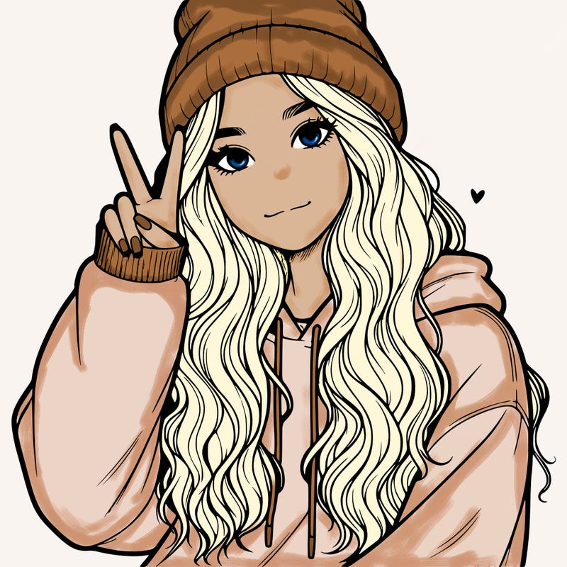 a teenage girl in a beanie, oversized sweatshirt, wavy long hair, and is showing a ✌️