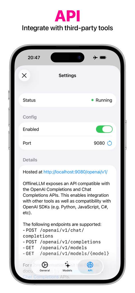OfflineLLM: Private AI Chat - Interface showing API settings and OpenAI compatible endpoints for local AI integration.