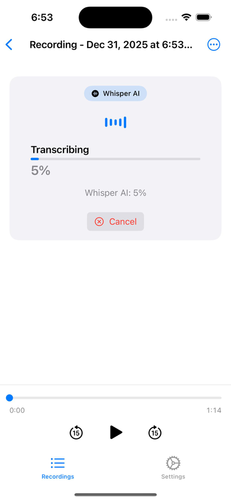 SecureVox - Interface of SecureVox app showing the progress of an offline voice transcription using Whisper AI.