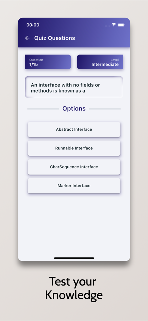 Intermediate level Java programming quiz question on a mobile interface