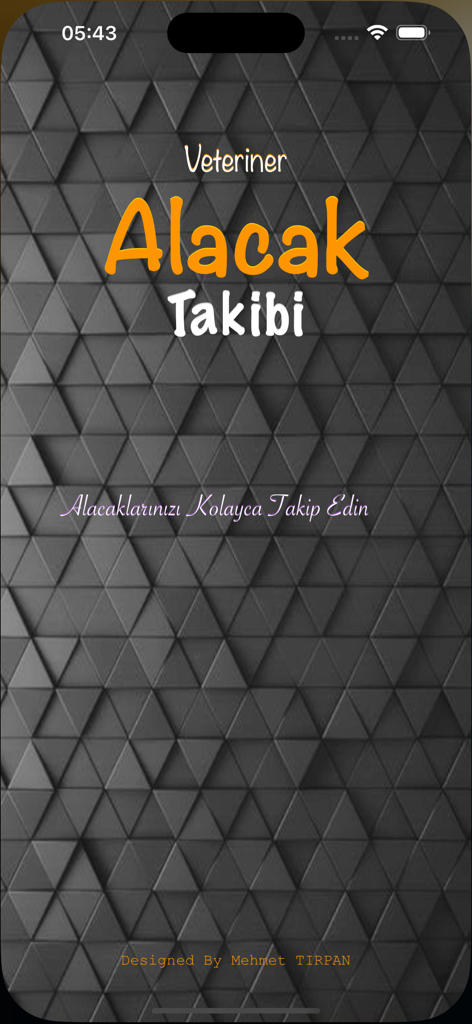 Splash screen of the Debt Tracking for Vet mobile application with a dark geometric triangle background