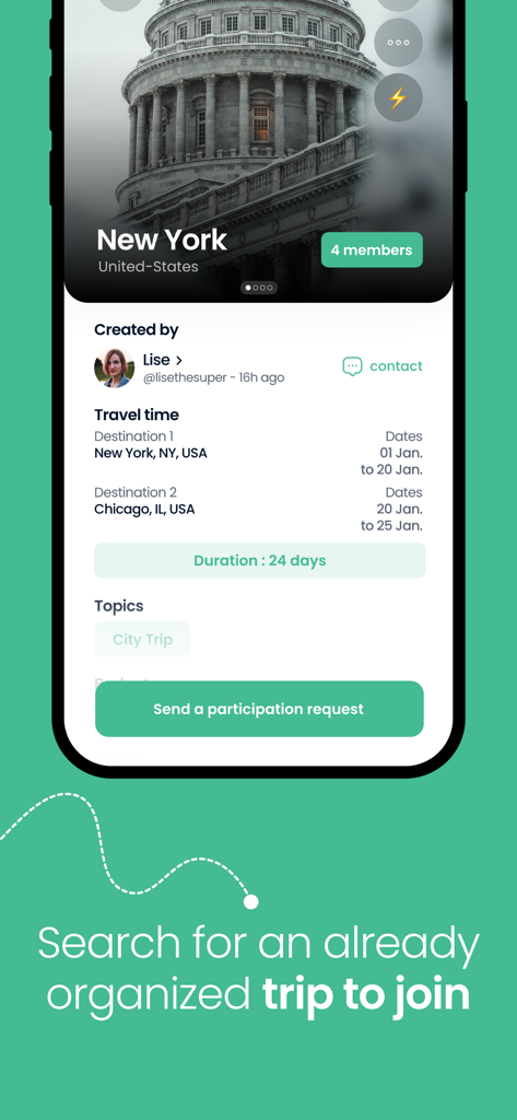 AuPairTrip - Una pantalla de aplicación móvil que muestra detalles de viaje para un viaje organizado a Nueva York y Chicago dentro de la comunidad AuPairTrip