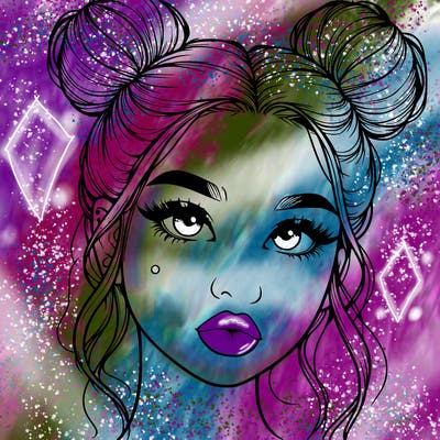 realistic girl with two buns on her hair and lips