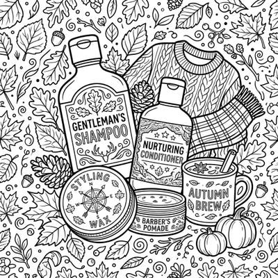 Discover a uniquely themed coloring page blending sophisticated men's haircare essentials with the warm, rich beauty of the autumn season. This delightful design invites you to color a world where grooming meets gorgeous fall aesthetics.