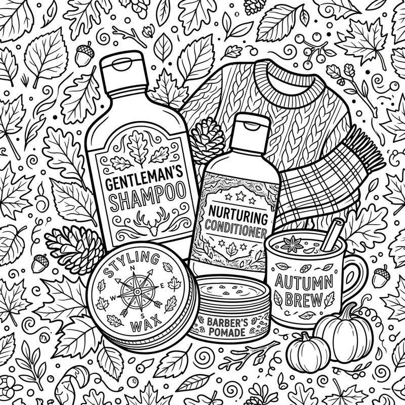Discover a uniquely themed coloring page blending sophisticated men's haircare essentials with the warm, rich beauty of the autumn season. This delightful design invites you to color a world where grooming meets gorgeous fall aesthetics.