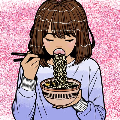 a girl realistic eating ramen noodles