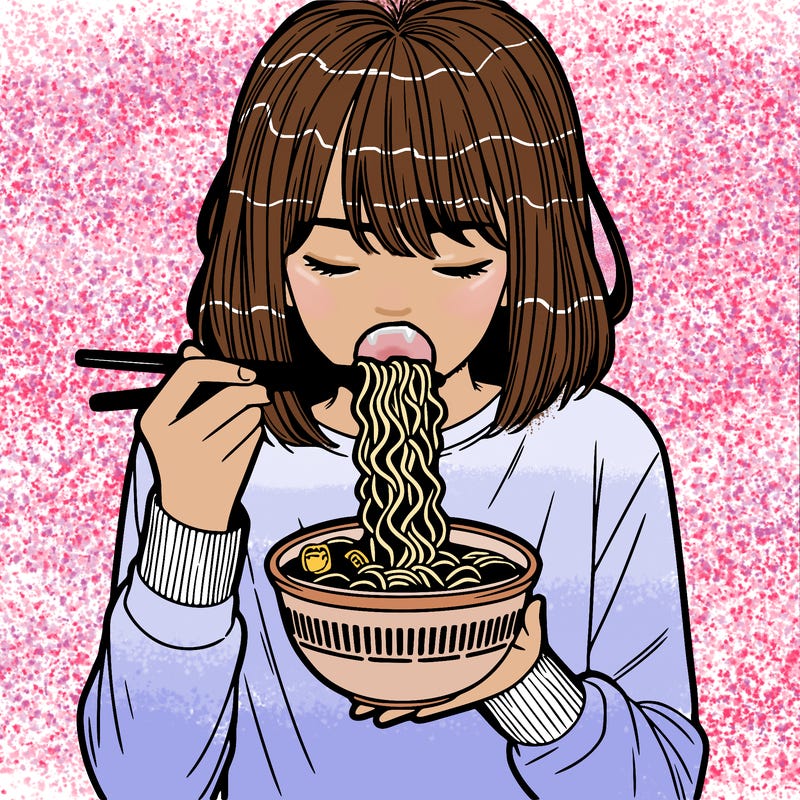 a girl realistic eating ramen noodles