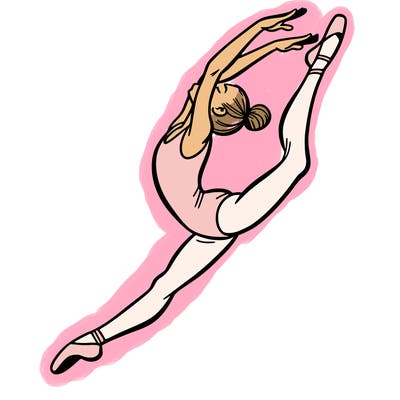 gymnast doing a leap in a leotard with a bent back leg