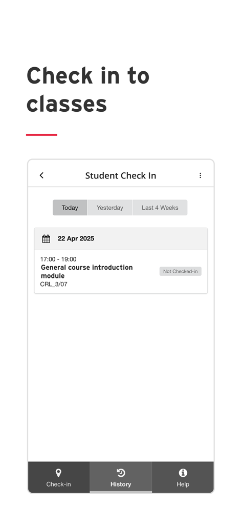 Edinburgh Napier University app interface for student class check in