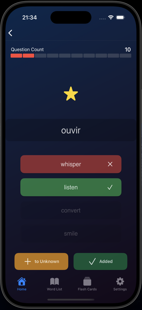 Brazilian Portuguese Verbs - A quiz screen showing a Portuguese verb translation test with multiple choice options.