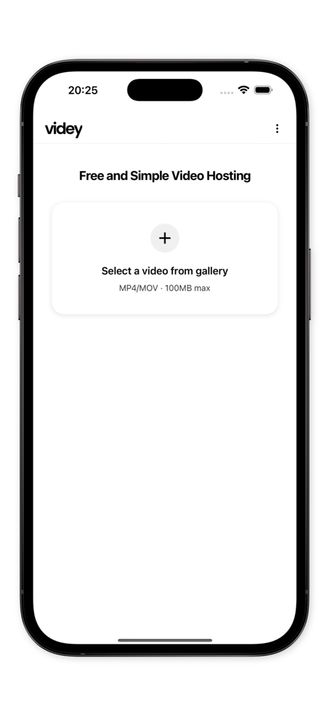 Videy - Simple Video Sharing - Videy app interface showing the free and simple video hosting upload screen