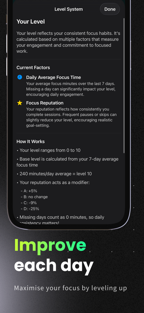 Pomofocus: Focus Friend - Pomofocus app screen showing the level system with focus factors and consistency rules.