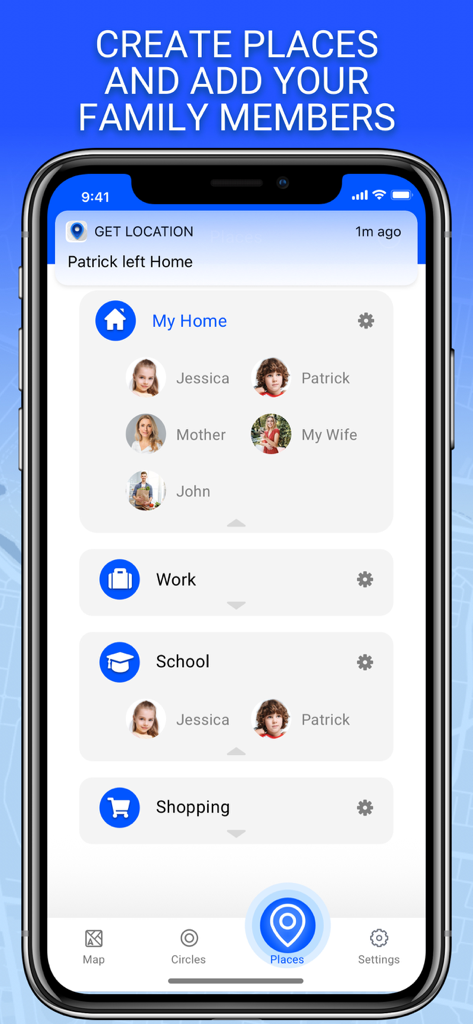 Interface do aplicativo Get Location mostrando membros da família e locais categorizados como casa e escola para alertas de segurança automatizados.