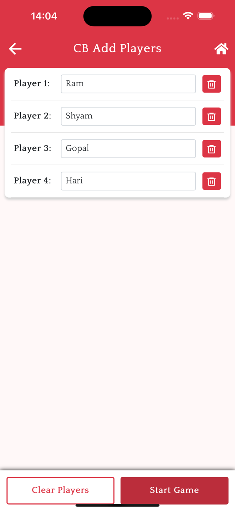A screen for adding player names in the Marriage Point Calculator app showing fields for Player 1 through Player 4.