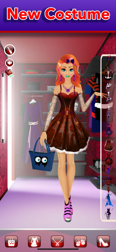 A character in the Spooky Halloween Makeover app choosing a new costume and accessories in a dressing room.
