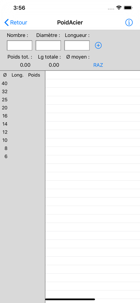 iPocket BA - Interface do aplicativo iPocket BA para cálculo de peso e comprimento de armadura de aço com base no diâmetro.
